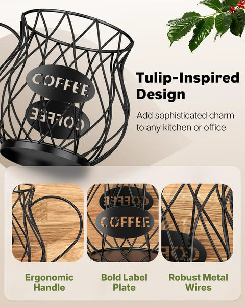 Tulip-inspired K Cup Holder With Ice Tongs And Large Capacity Coffee Pod Organizer For 10 To 30 Pods Metal Wire K Cup Stand