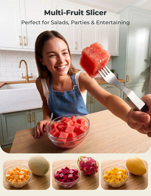 Smiling woman using Watermelon Cutter With Retractable Fork 2 In 1 Stainless Steel Fruit Slicer Melon Cutter Tool at kitchen table