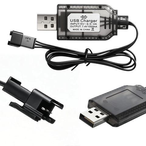 7.4 Volt LiPo Battery Charger Cable With SM3PIN Plug for RC cars tanks boats, USB powered, close-up of cable and plug