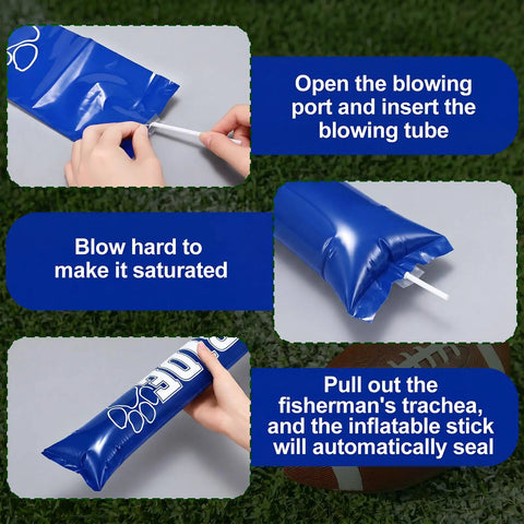 Inflating procedure for 48 Pcs Thunder Sticks With Paw Print Design Inflatable Noise Makers for events, blue color shown.