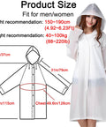 Size guide and model wearing Lightweight Adults Rain Poncho Set 2 Pack With Hood Reusable Waterproof Rain Coats For Women And Men Packable