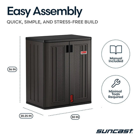 Heavy-Duty Resin Outdoor Storage Cabinet For Garage And Shed, 30 In W By 20.25 In D By 36 In H, dark grey, lockable doors, assembly manual