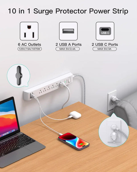 Two Pack Six Outlet Surge Protector Power Strip With Four USB Ports Including Two USB C Ports, mounted on a desk, charging devices.