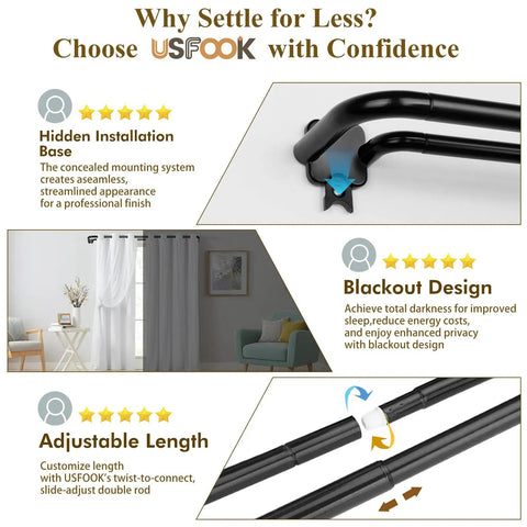 Infographic showing adjustable black double curtain rod set with twist in telescoping segments and wrap around design for easy install.