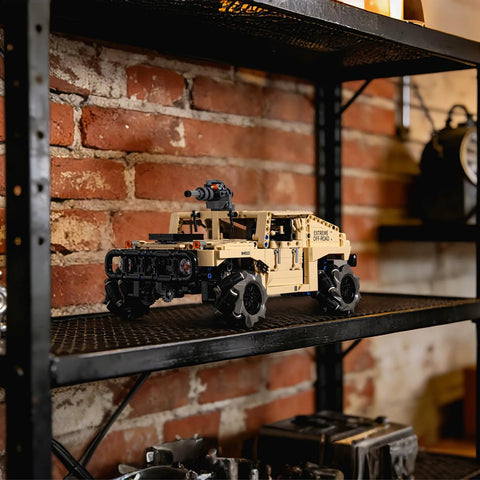 technic RC Hummer kit with Mecanum wheels displayed on a shelf