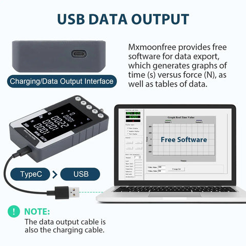 1000N Digital Force Gauge Push Pull Meter With USB Output And Free Data Logging Software Type C To USB Cable Included For Precise Tension And Compression And Material Testing, shown with cable and laptop