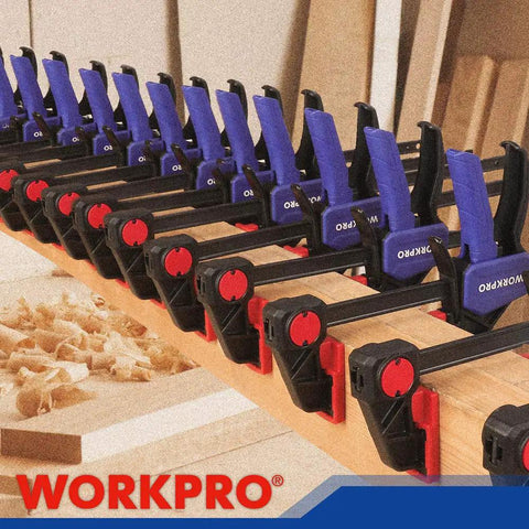 One Handed Bar Clamps Set for Woodworking, Six Pack Quick Change F Clamp and Spreader, Four 6 Inch and Two 12 Inch Light Duty Clamps