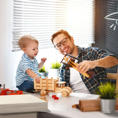 Basswood sheets 12x18x1/8 in, 10-pack; front view with man and child building wooden toys at a table