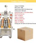 Top Shelf Automatic Tape Sealing Machine For Carton Box Packing Featuring Smooth Cranking Two Way Drive And Quick Adjust Width Dials with specifications and cardboard box.