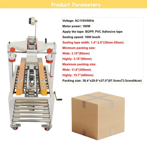 Top Shelf Automatic Tape Sealing Machine For Carton Box Packing Featuring Smooth Cranking Two Way Drive And Quick Adjust Width Dials with specifications and cardboard box.