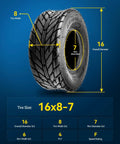 Two Pack 16 By 8 By 7 ATV UTV Tire Set Four Ply All Terrain Replacement For Quad Go Kart showing dimensions and tread pattern.