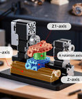 AcmeFlare 4 Axis All Metal Mini Lathe Machine 60W High Power showing Z1, A, X, and Z-axis components on a workbench.