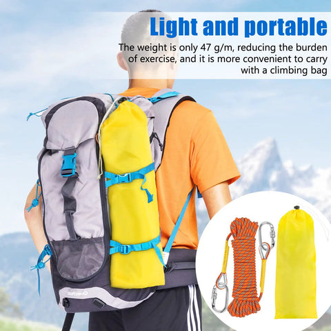 Backpacker with yellow bag showing Beefy 8mm Static Climbing Rope With Two Steel Hooks For Outdoor Rappelling in gear kit