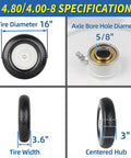 Specifications for 16 Inch Flat Free Solid Tire with 3-inch centered hub and 5/8 inch axle bore, showing dimensions and features.