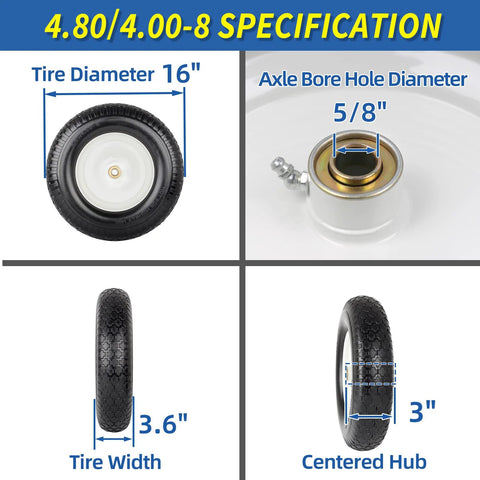 Specifications for 16 Inch Flat Free Solid Tire with 3-inch centered hub and 5/8 inch axle bore, showing dimensions and features.