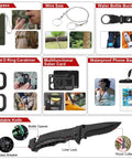 Various tools from a 251 piece survival gear kit, including a compass, wire saw, water bottle buckle, and foldable knife.
