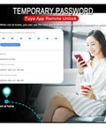 Woman using Tuya app on smartphone to generate temporary password for Premium WiFi Smart Door Lock.