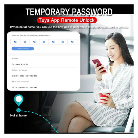 Woman using Tuya app on smartphone to generate temporary password for Premium WiFi Smart Door Lock.