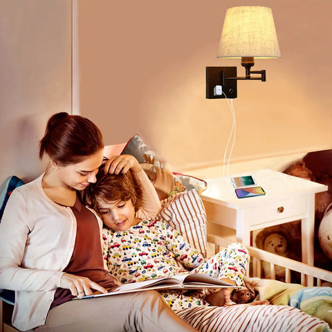 Must Have Bedside Wall Lamp With Dimmable Switch And USB Outlet Swing Arm Fabric Shade Sconce In Black For Bedroom Living Room Or Hotel Plug In Cord Included lighting reading corner