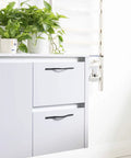 Cool Matte Black Cabinet Pull Set With 3.8 Inch And 5 Inch Double Hole Centers Minimalist Drawer And Wardrobe Door Handles Six Pack installed on white drawers