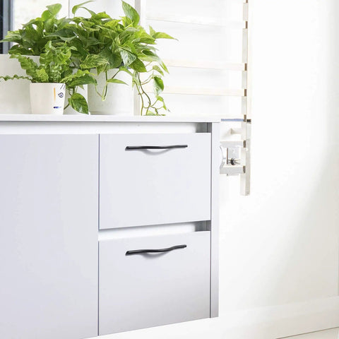 Cool Matte Black Cabinet Pull Set With 3.8 Inch And 5 Inch Double Hole Centers Minimalist Drawer And Wardrobe Door Handles Six Pack installed on white drawers