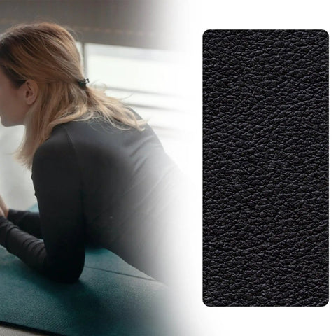 Durable Treadmill Mat Protector for Carpets and Hardwood Floors, close-up of PU leather texture and woman exercising on mat.