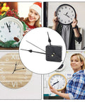 Ultra Quiet Quartz Clock Movement Replacement Kit collage with clock hands, mechanism, and various clock styles.