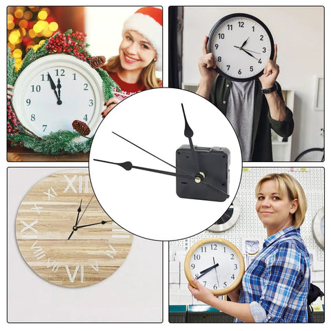 Ultra Quiet Quartz Clock Movement Replacement Kit collage with clock hands, mechanism, and various clock styles.