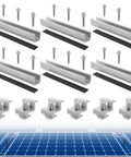 Six Rail Aluminum Solar Panel Mounting Kit No Brainer With End Clamps, Mid Clamps, Washers, Screws And Wrench, 7.87 Inch Rails displayed