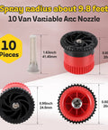 Heavy Duty 10 Pack Variable Arc Sprinkler Head Replacement For Pop Up Irrigation Nozzles Adjustable 0 To 360 Spray Pattern No Sweat Backyard Garden Lawn Yard Watering Kit With Built In Filter Screen showing nozzle sizes and details.