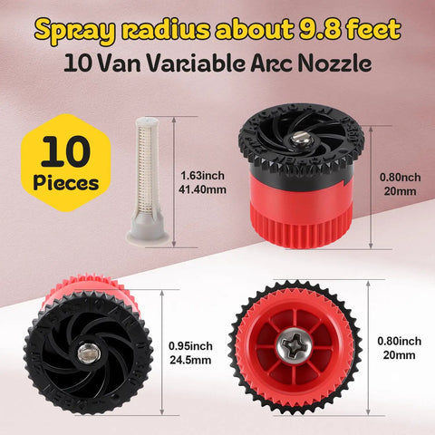 Heavy Duty 10 Pack Variable Arc Sprinkler Head Replacement For Pop Up Irrigation Nozzles Adjustable 0 To 360 Spray Pattern No Sweat Backyard Garden Lawn Yard Watering Kit With Built In Filter Screen showing nozzle sizes and details.