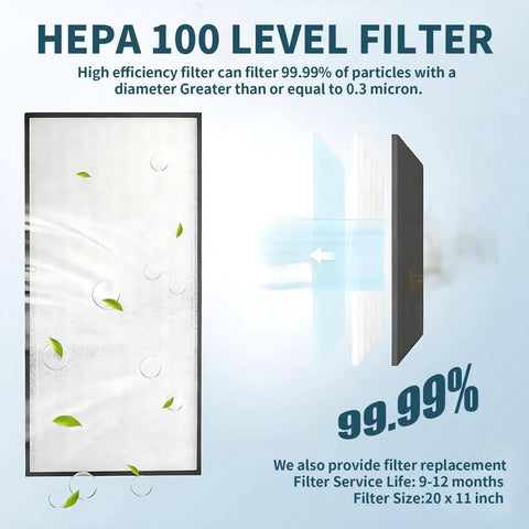 HEPA 100 level filter showing high efficiency, size 20 x 11 inches, purifying air to 99.99% particle removal.
