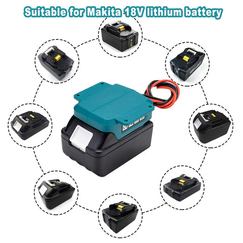 Beefy Battery Adapter Wheel For 18V LXT Li Ion Packs With 14 Gauge Wire Connector and various compatible batteries shown