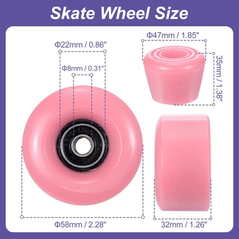 8 Pack Roller Skate Wheels Set For Quad Skates And Skateboards 58mm By 32mm ABEC 9 Bearings 82A PU Hardness size diagram