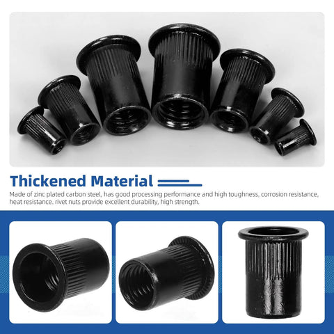 320 Piece Rivet Nuts Kit Flat Head Rivnut Inserts Black Zinc Plated Carbon Steel Assortment Your Go-To For 5/32-32 UNC, 8-32 UNC