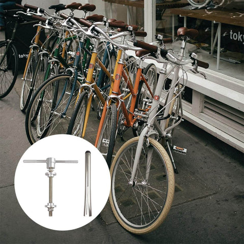 Bike Headset And Bottom Bracket Press Tool Set Pro Grade Center Shaft Bearing Installer next to parked bicycles