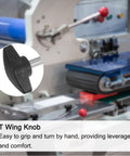 Rock Solid 8 Pack M6 Metric Tee Wing Thumb Screws With Black Plastic Handles Matching Nuts And Washers No Hassle Quick Grip Clamping Knobs close-up of T wing knob on machinery.