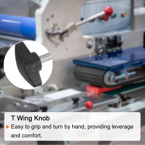 Rock Solid 8 Pack M6 Metric Tee Wing Thumb Screws With Black Plastic Handles Matching Nuts And Washers No Hassle Quick Grip Clamping Knobs close-up of T wing knob on machinery.