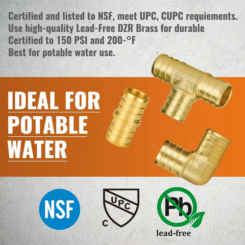 Three Quarter Inch PEX Fittings Set With Five Elbows, Five Tees, And Five Couplings In Lead Free Brass, NSF Certified For Potable Water Systems, 15 Pack