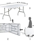 Diagram showing Six Foot Folding Table For Indoor Outdoor Use Heavy Duty Portable Party Dining Desk 6ft Fold In Half Table No Assembly Required