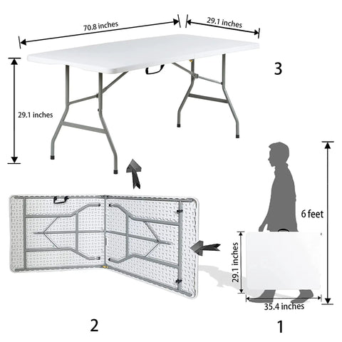 Diagram showing Six Foot Folding Table For Indoor Outdoor Use Heavy Duty Portable Party Dining Desk 6ft Fold In Half Table No Assembly Required