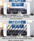 Comparison of flicker-free and high-frequency flickering LED lighting in a modern living room setting.