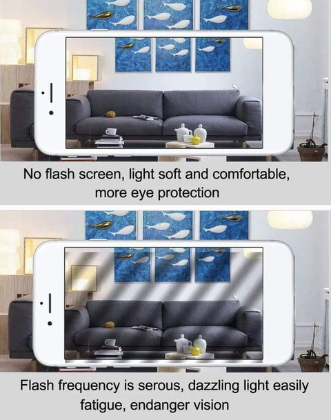 Comparison of flicker-free and high-frequency flickering LED lighting in a modern living room setting.