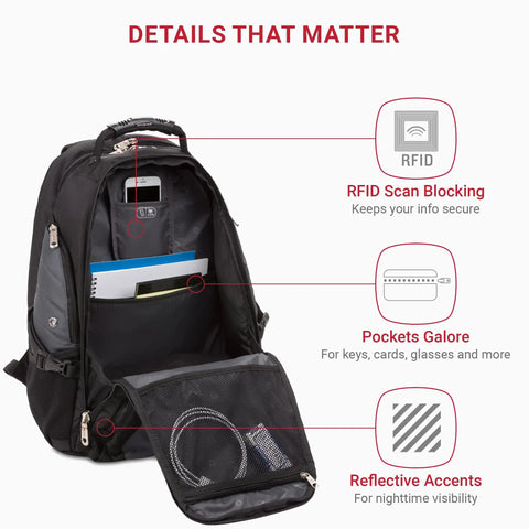 Open ScanSmart TSA Laptop Backpack Fits 17 Inch Laptop With RFID Protection And Tablet Pocket, showing organized compartments.