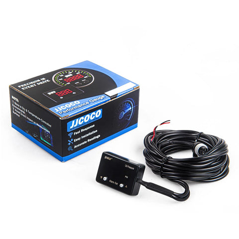 Front view: JJCOCO oil pressure gauge with LED display, 12V automotive kit; black sensor unit with long wiring and box