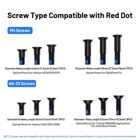 Rock Solid Red Dot Screw Kit With M4 And Six Thirty Two Threads Blue Thread Locker For Rmr Optics and Holosun 407k 507k Delta Point Pro showing screw types.