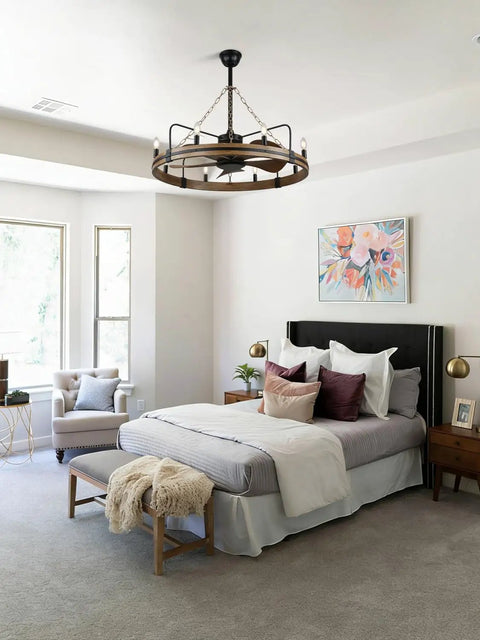 Beaded Wood Chandelier With 6 Candle Lights Rustic Farmhouse Pendant Ceiling Light in black above bed in modern bedroom decor.