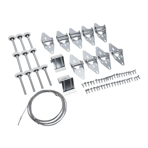 10-Piece Garage Door Hardware Kit With 2-In White Nylon Rollers And Hinges For Quiet, Smooth Operation And Reduced Noise, Durable Nylon Wheels, Nylon-Coated Steel Shaft, Easy Installation, Compatible With Most Residential Doors. kit parts laid out