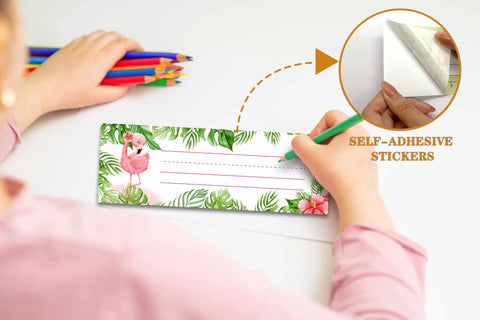 Child writing on Flamingo Themed Classroom Name Tags Set Of 30 With Three Styles Kid Friendly And Easy To Write 3 By 9 Inch Name Plates