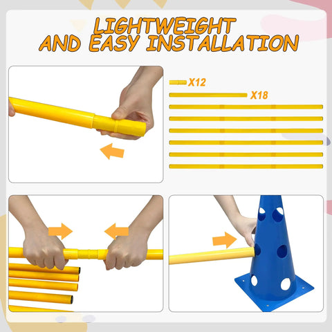 Dog Agility Jump Set With Adjustable Hurdles And Cones For Indoor Outdoor Training showing assembly process with yellow rods